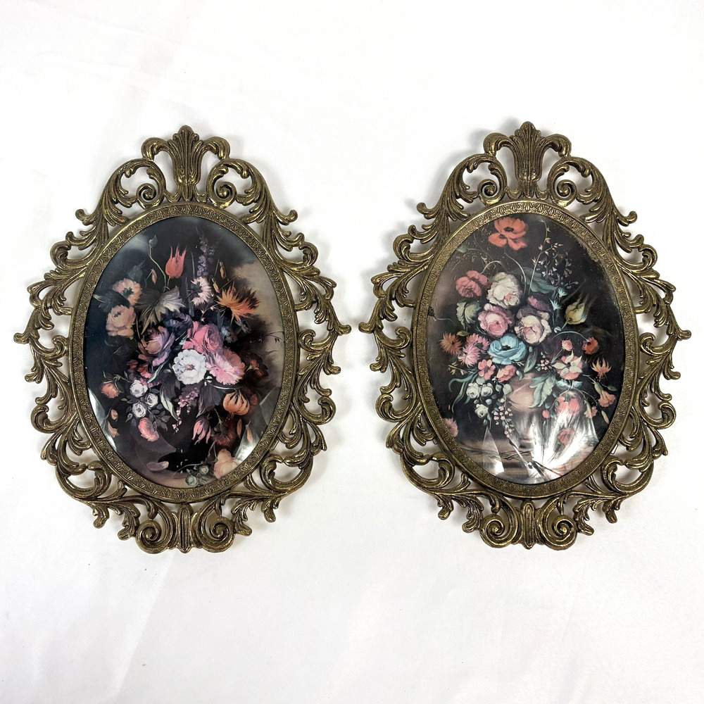 Vintage Pair Italian Style Ornate Oval Frames Floral Prints Convex Bubble Glass